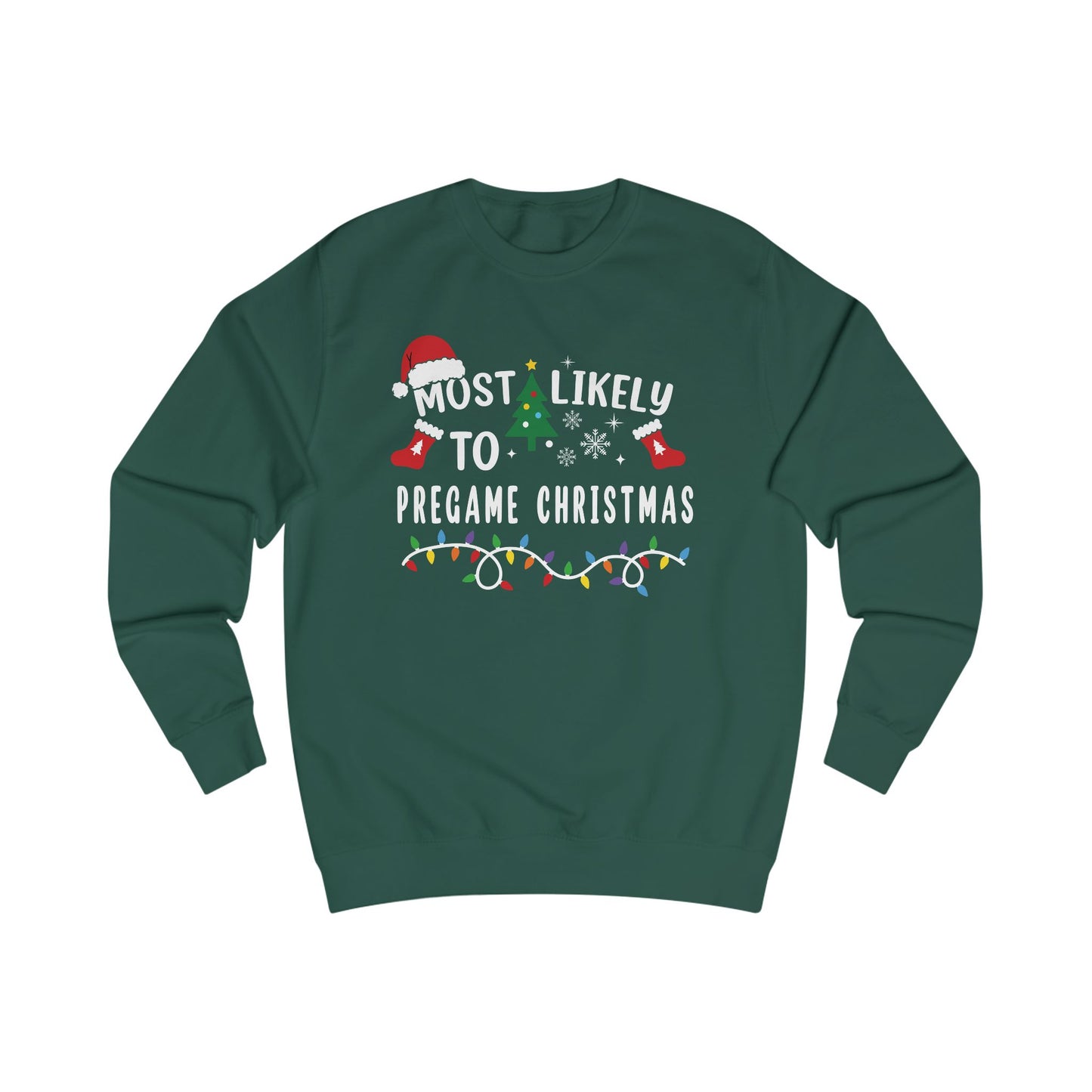 Christmas Icons Sweatshirt — Santa Hat, Tree & Holiday Lights Crewneck